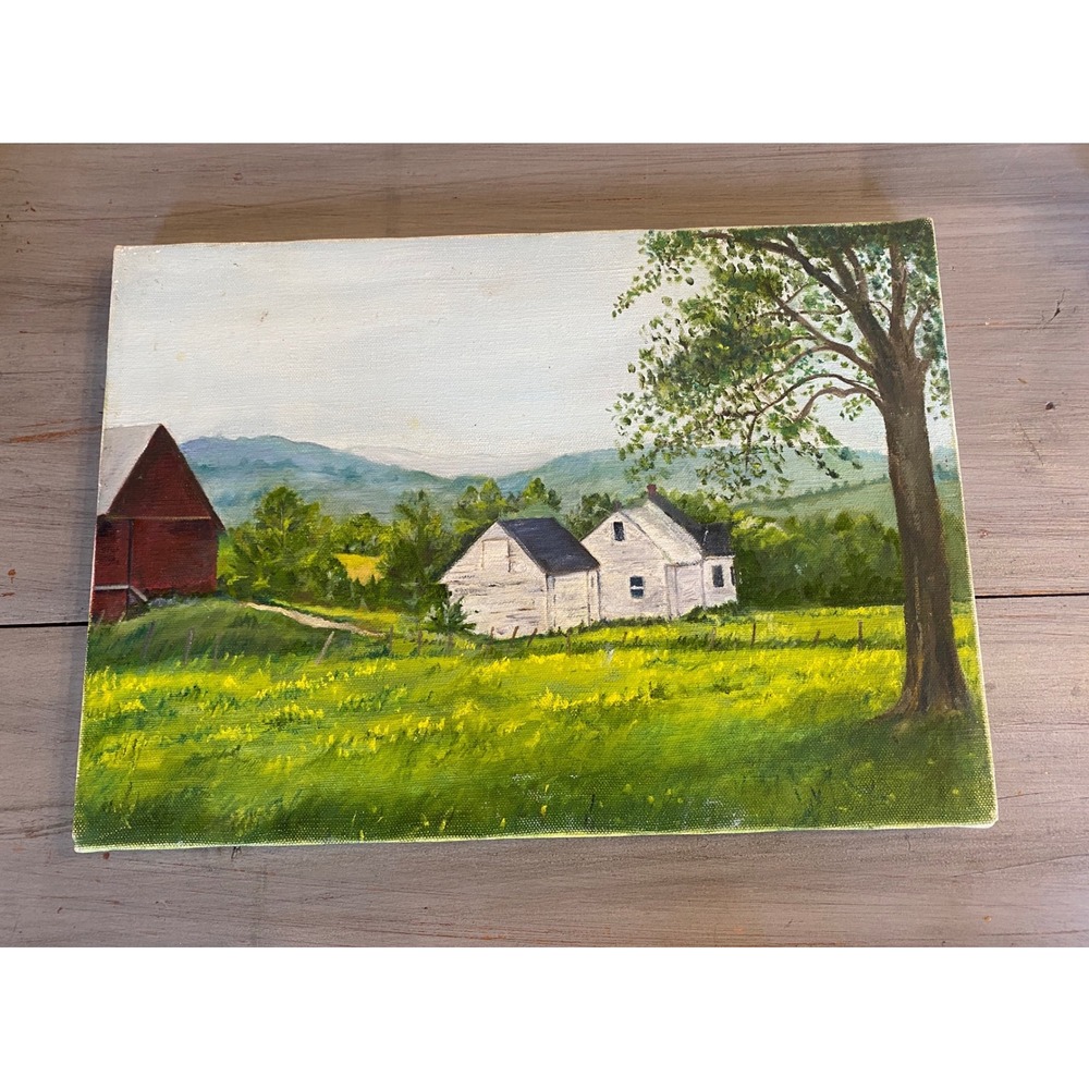 Original Rural Landscape Oil Painting Farmhouse Red Barn Mountain Scene Canvas